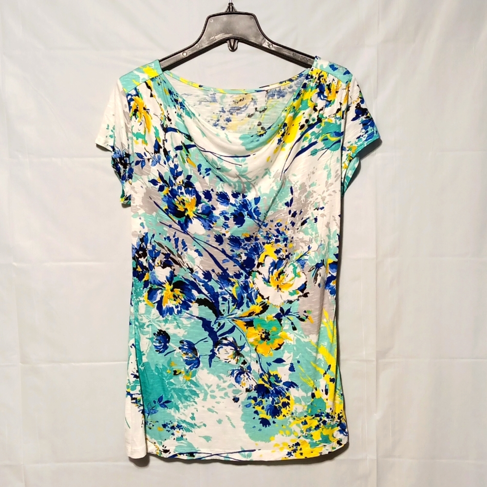 Apt. 9 EUC Cap Sleeve Summer Tunic, Blue Green Yellow Floral, Sz Large